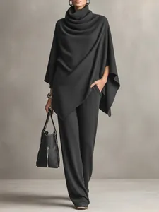 Women's autumn winter two-piece set with dralon poncho cape top and wide-leg pants