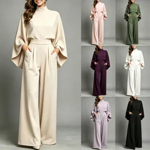 Women Winter Autumn Mock Neck Top And Bottom Set Loose Batwing Sleeve Thickened Knitted Wide Leg Pants Two Piece Suit