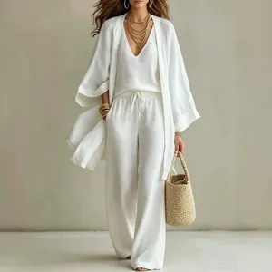 Ensemble Trois Pièces Femme Décontracté Tenues Été Cardigan Ouvert Haut Sans Manches Pantalon Large Polyester Tenues Intérieur