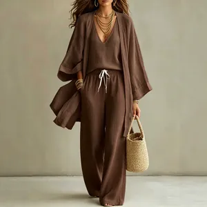 Ensemble de détente 3 pièces marron pour femme avec cardigan débardeur et pantalon large