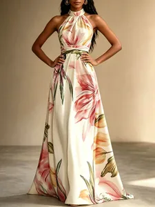 Eleganter Resort-Stil Neckholder Maxikleid Für Damen Blumenmuster Bedruckt Hohe Taille Kleid Lang Rückenfrei Großer Weiter Rock Kleid