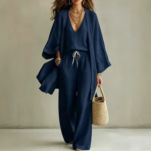 Ensemble décontracté 3 pièces bleu marine avec cardigan ouvert et pantalon large