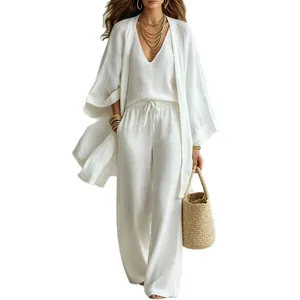 Élégant ensemble d'été 3 pièces blanc pour femmes avec gilet, débardeur et pantalon large