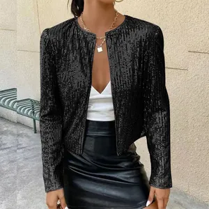 Elegant women's black sequined cropped jacket with long sleeves for party and club wear