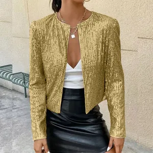 Detailed view of fashionable women's gold sequin jacket with shimmering vertical textures