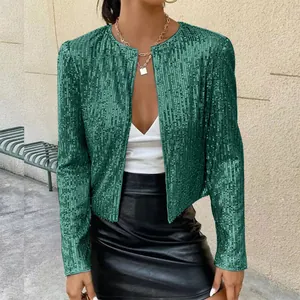 Elegant women's sparkling green sequin cropped jacket for fashionable evening party wear