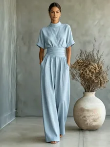 Women's Casual Mock Neck Short Sleeve Jumpsuit Solid Color Pleated High Waist Wide Leg Long Pant Polyester Fashion Overalls