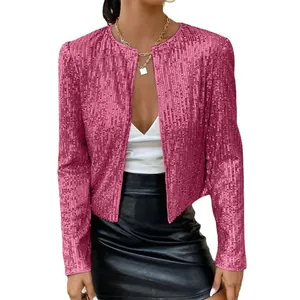 Detailed macro view of women's fuchsia sequin jacket with elegant open front design
