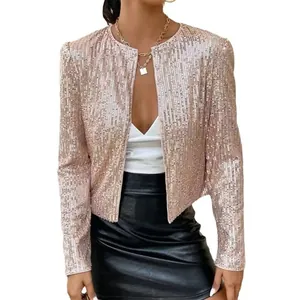 Detail shot of elegant rose gold sequin jacket with shimmering texture and open front design.