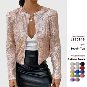 Women Fashion Sequin Jacket Short Stand Collar Open Front Sparkly Long Sleeve Casual Blazer Coat Streetwear Party Outerwear