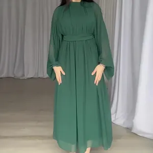 Elegant deep green chiffon maxi dress with long sleeves and belted waist