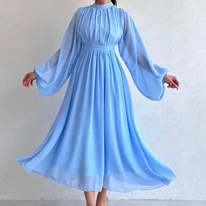 Elegant light blue long puff sleeve mesh pleated maxi dress with high neck for women