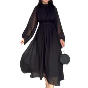 Elegant black mesh splicing long dress for women with lantern sleeves and high neck