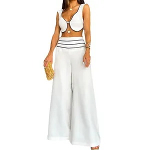 Sexy white two-piece set with contrast piping vest and wide-leg trousers
