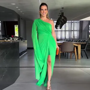 Elegant lime green one-shoulder draped maxi dress with a thigh-high side split