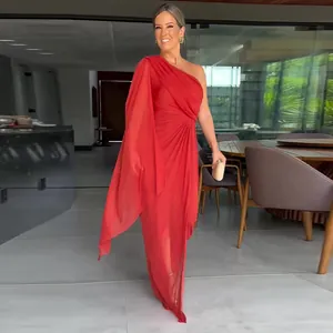 Elegant red one-shoulder draped evening maxi dress with chic side slit cape sleeve
