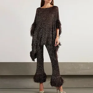 Women Elegant Heavy Sequin Tassel Top And Bottom Fashion Pullover And Wide Leg Pants Evening Party Clubwear Outfit
