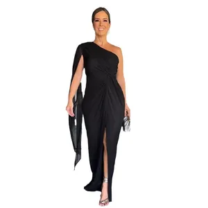 Elegant black one-shoulder evening dress with long cape sleeve and high thigh slit