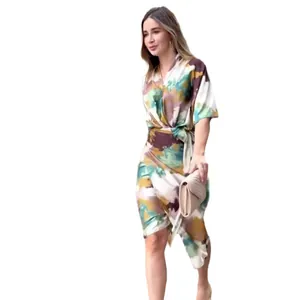 Summer V-neck high-waist slim bodycon dress with artistic tie-dye print for women
