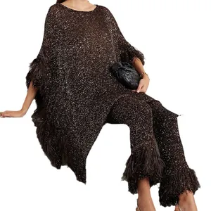 Fashionable brown heavy sequin pants set with elegant tassel feather hem and poncho top