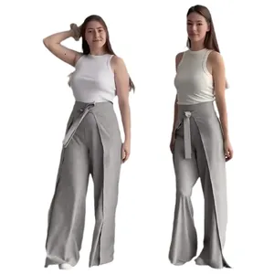 Pantalon large d'été chic à taille haute avec une ceinture à nouer assortie pour femmes