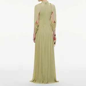 Detail back view of elegant pleated olive chiffon maxi dress with unique draped sleeves.