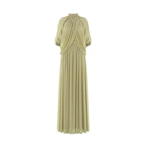 Elegant pleated chiffon maxi dress with high neck and draped sleeves in olive green