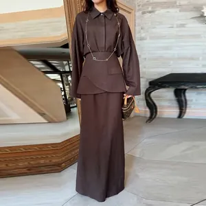 Elegant brown three-piece skirt set with long sleeves and lapel collar for stylish women