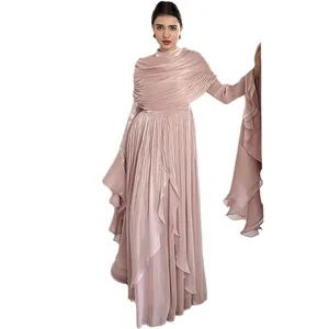Elegant mauve pleated maxi dress with long flared sleeves and draped bodice design.