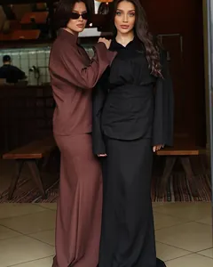 Elegant women's modest long-sleeved shirt and maxi skirt sets in burgundy and black colors