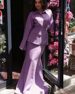 Fashionable purple three-piece set with lapel long sleeve shirt and mermaid long skirt for women
