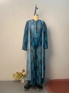 Blue feather print three-piece swimsuit set with long-sleeved cover-up on mannequin