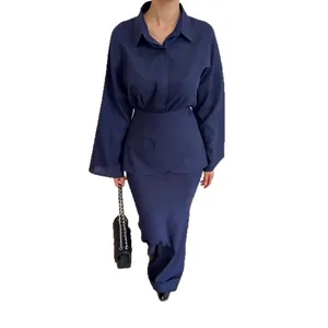 Elegant navy blue 3-piece skirt set with long sleeve shirt and slim fit maxi skirt