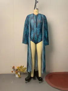 Blue leaf print two-piece swimwear set with long sheer cardigan and zip-up swimsuit