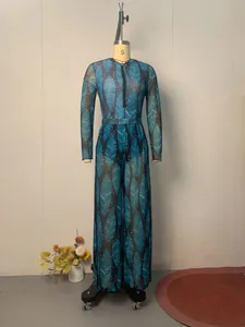 Full view of sheer blue leaf pattern long-sleeve jumpsuit and trousers set on mannequin