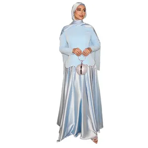 Elegant light blue long-sleeved dress set with waist chain and matching headscarf.