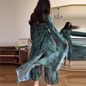 Elegant green floral patterned long sleeve vacation cardigan cover up set for women