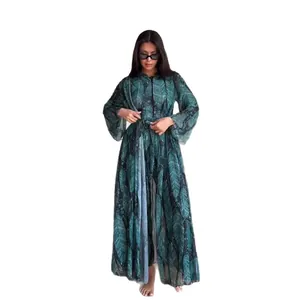 Elegant green leaf print long-sleeved maxi cardigan beach cover-up for summer vacation