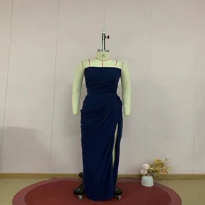 Detailed front view of navy blue strapless pleated evening gown with high side slit