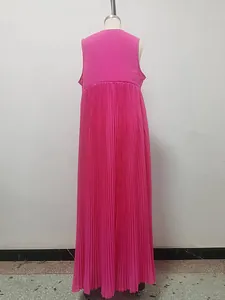 Detailed back view of a fuchsia sleeveless pleated maxi dress on a white mannequin