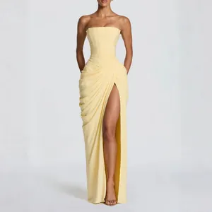 Women Elegant Strapless Ruched High Slit Evening Maxi Dress Sexy Bodycon Banquet Party Tube Top Long Gown Polyester Dress