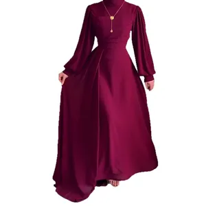 Elegantes dunkelrotes Maxikleid mit langen Ärmeln und hohem Ausschnitt für Damen