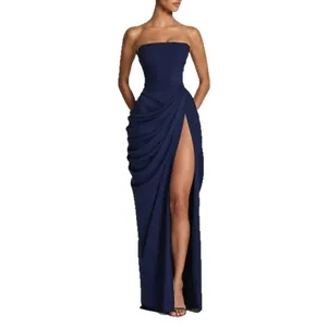 Elegant navy blue strapless pleated evening gown with high slit and waist detailing