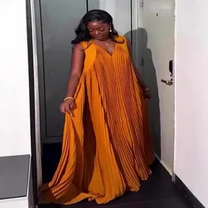 Women's Plus Size Pleated Maxi Dress Sleeveless V-Neck Loose Casual Summer Polyester Floor-Length Flowy Gown For Party Daily