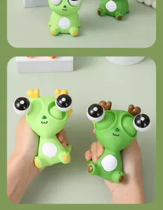 Detail of hands squeezing a green dragon toy with popping eyes for stress relief