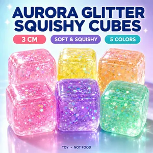Aurora Glitter Squishy Decompression Cube Ice Cube Shape Star Sequins TPR Soft Stress Relief Toy For Office Daily Relax