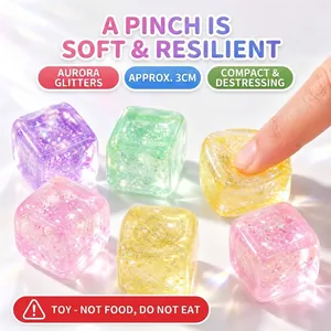 Aurora glitter cube stress relief toy, 3cm soft rebound squeeze cubes for sensory play