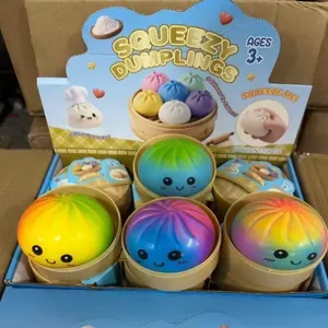 Detailed macro view of rainbow squishy dumpling toys in their retail display packaging