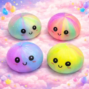 Set of 4 rainbow cartoon steamed bun squishy toys with cute smiley faces on pink clouds