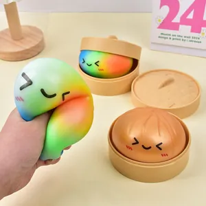 Cute rainbow steamed bun squishy stress relief toy with smiley face and basket